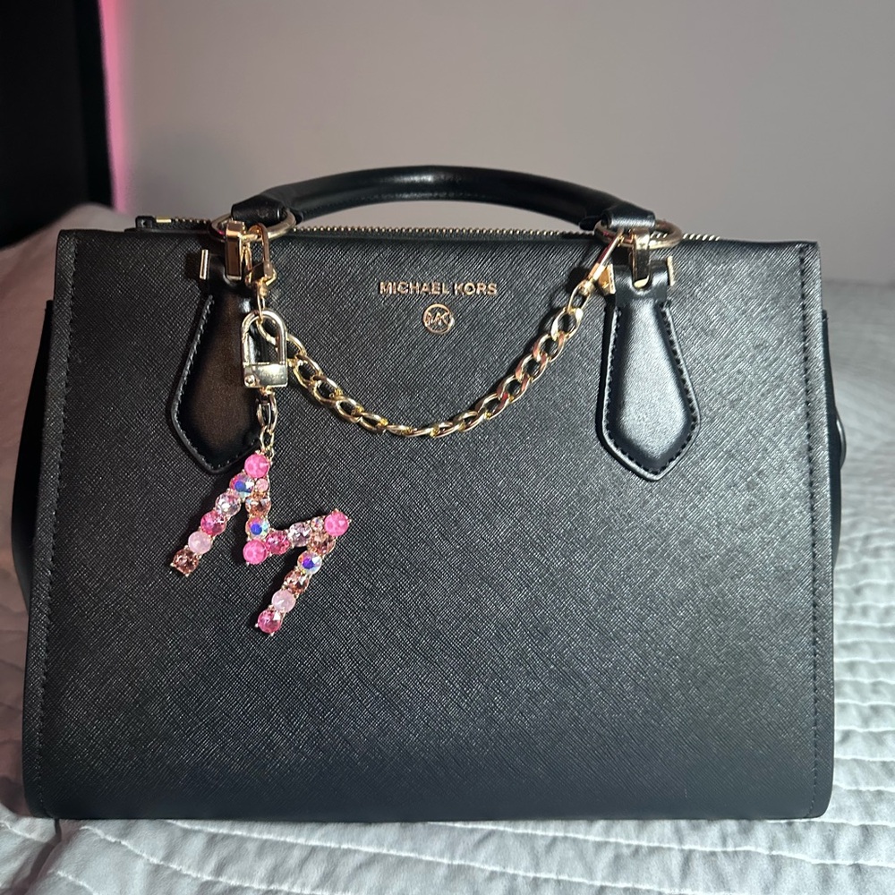 Michael Kors Black Saffiano Satchel with Gold Chain